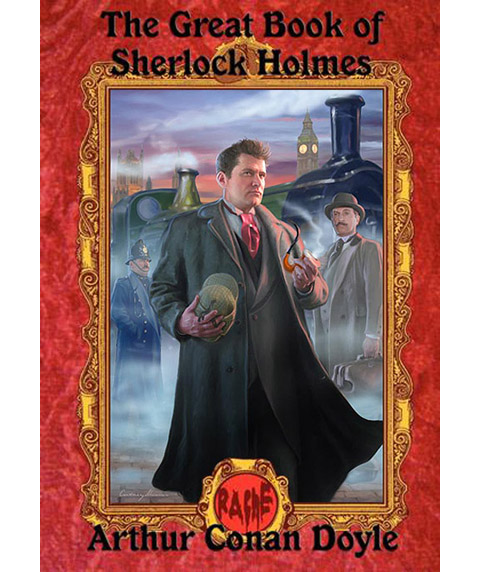 Along with the center painting of Holmes, I created a series of cover designs with decorative frames that varied in hue from title to title for this reprint series of the classic stories. The roundel at the bottom of the frame had an iconic image that varied with each book.